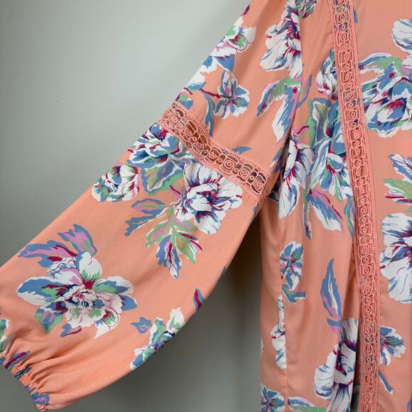 Moa Moa Top Women 2X Peach Floral V-Neck Long Sleeve Blouse Cottage Crochet Trim - Picture 3 of 9